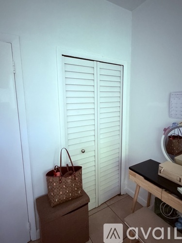 A room with a white door, a brown bag, and a mirror.