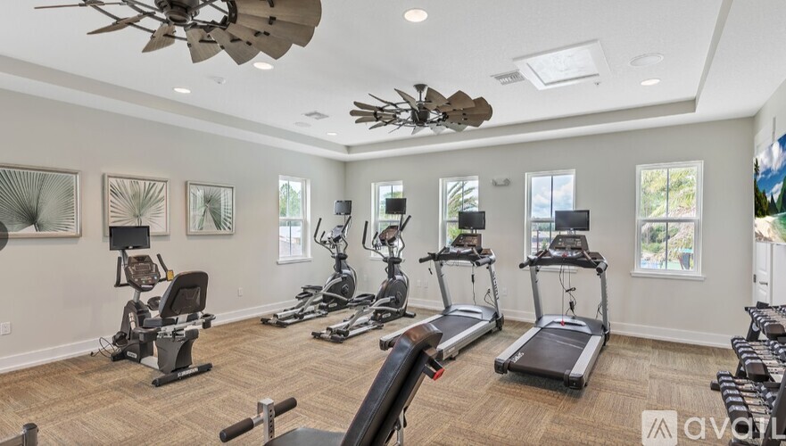 A well-equipped home gym with various exercise machines and a ceiling fan.