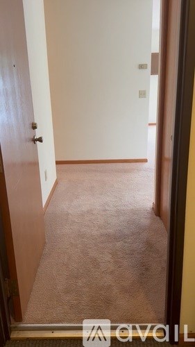 A hallway with a door on the left and a wall on the right.