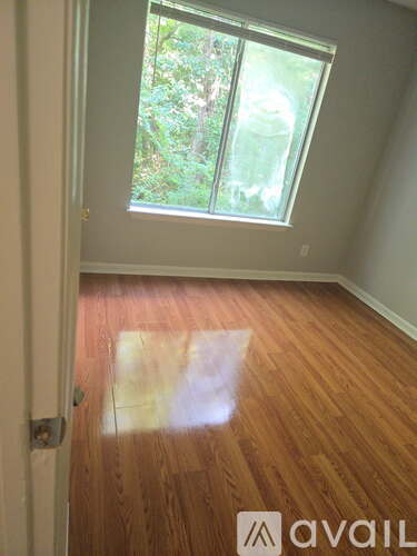 A room with wooden floors and a window showing greenery outside.