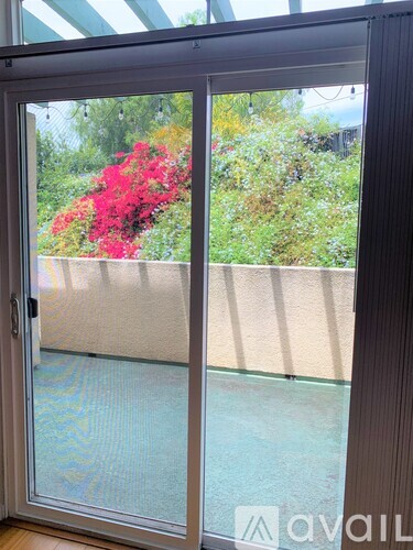 A glass door with a handle and a view of a pool and plants outside.