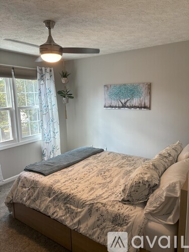 A bedroom with a bed, a ceiling fan, and a painting on the wall.