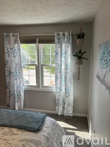 A bedroom with a bed, a window with curtains, and a hanging plant.