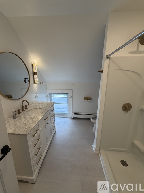 A bathroom with a sink, mirror, and shower.