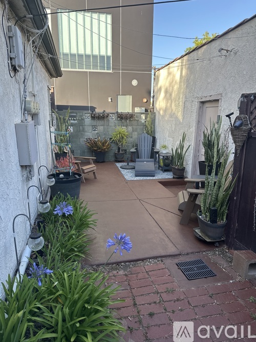A patio area with a table, chairs, and plants.