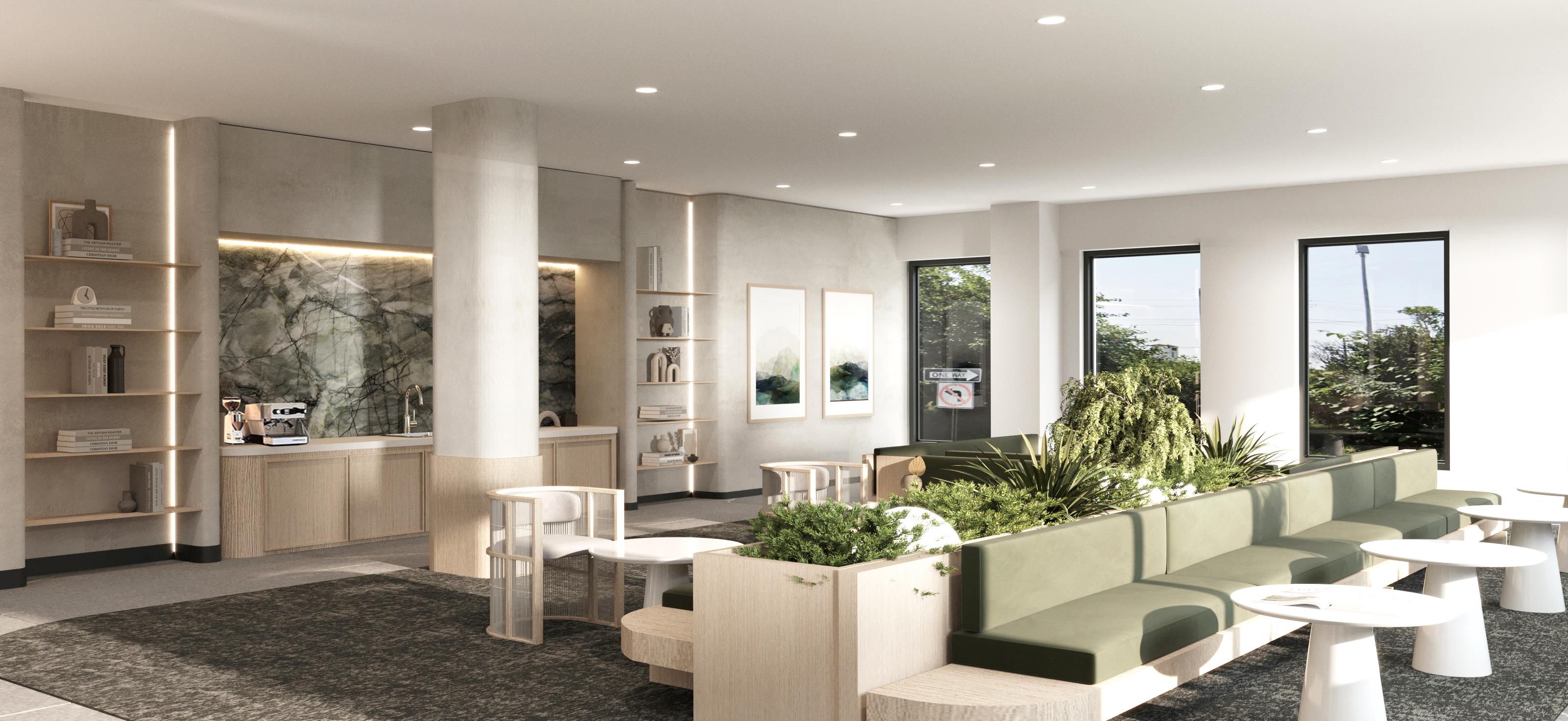 A modern living room with a green sofa and a coffee table.