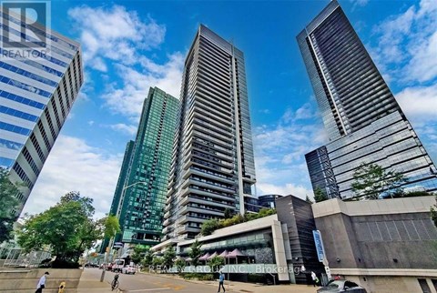 A cityscape with tall buildings and a clear sky.