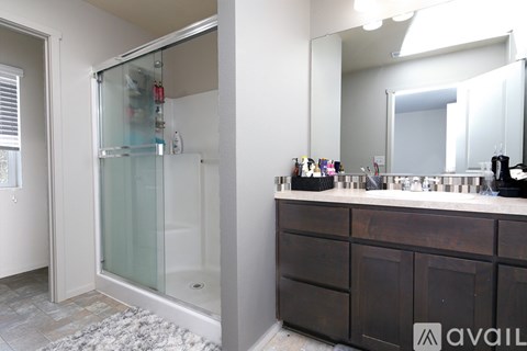 A bathroom with a glass shower door and a vanity with a mirror.