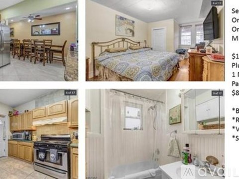 Four images of a bedroom, kitchen, and living room.