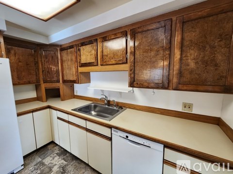 A kitchen with wooden cabinets and a white dishwasher.