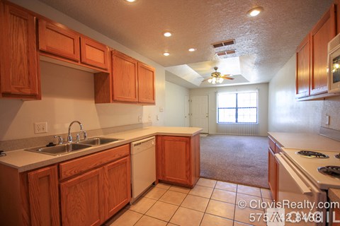 A kitchen with wooden cabinets and a white countertop.