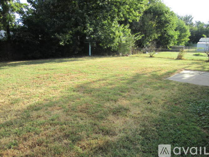 A grassy field with trees and a path in the distance.