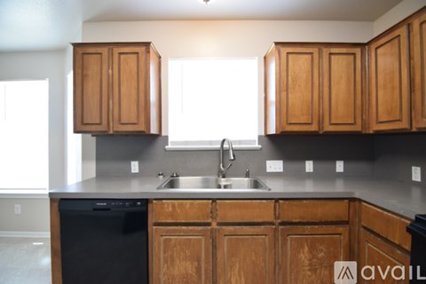 A kitchen with wooden cabinets and a black dishwasher.