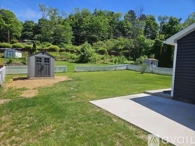 A backyard with a shed and a concrete walkway.