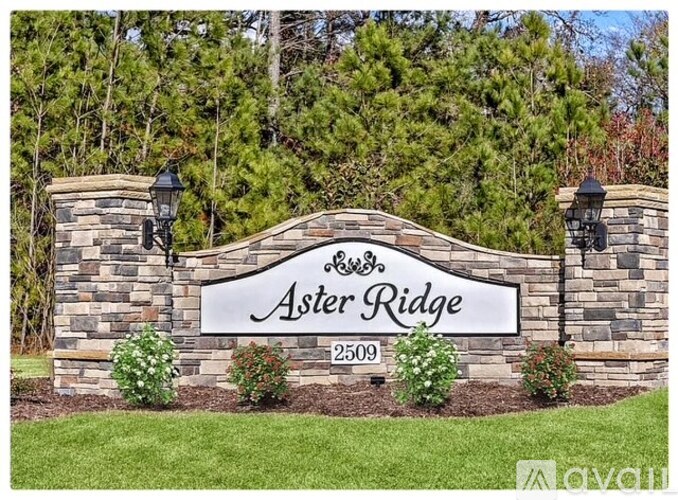 A stone wall with a sign that says "Aster Ridge" in front of a forest.