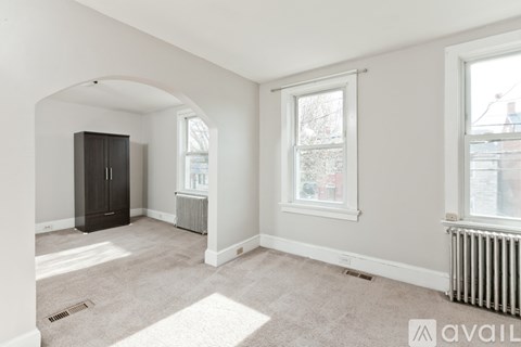A room with a carpet, a cabinet, and two windows.