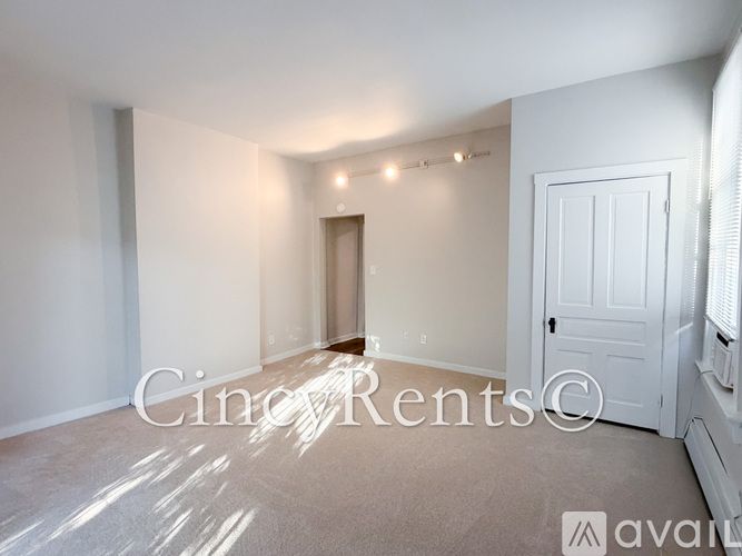 A spacious room with a door in the middle and a window on the right.