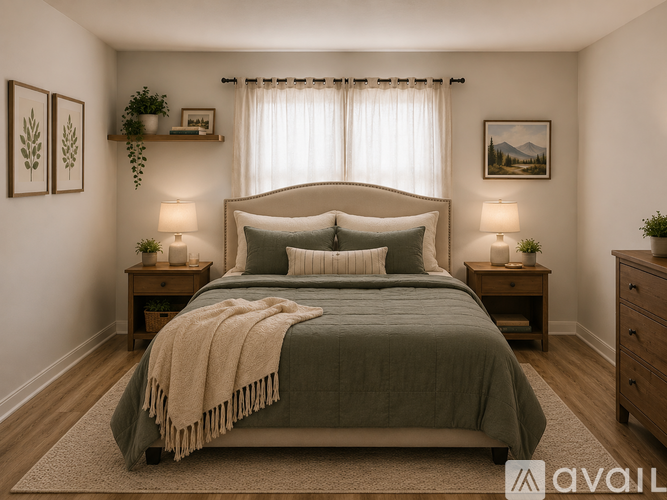 A bedroom with a large bed and two nightstands.