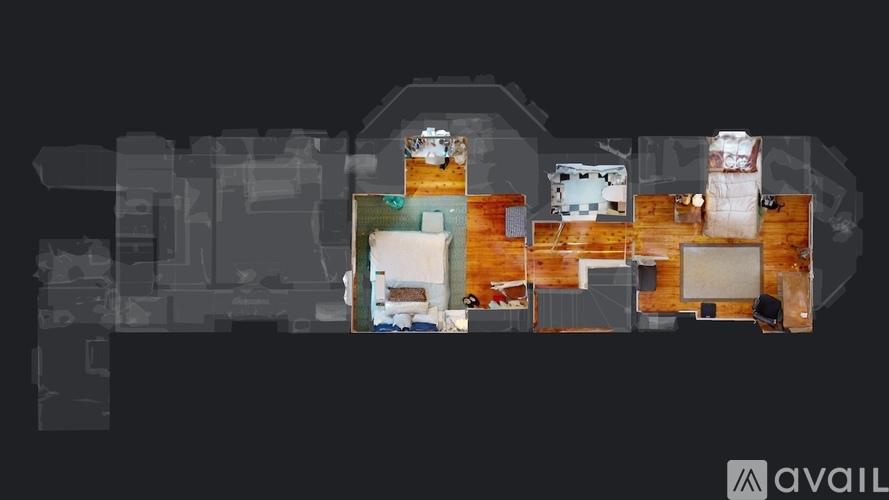 A digital rendering of a building's layout with various rooms and furnishings.