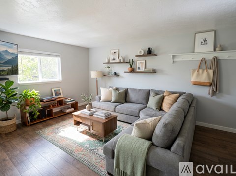 A living room with a grey couch, a wooden coffee table, and a rug on the floor.