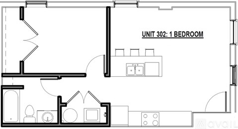 A floor plan of a one bedroom apartment.