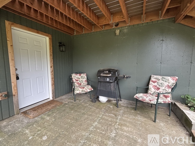 A patio with a grill and two chairs.