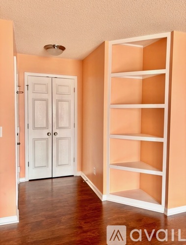 A room with a white door and a shelving unit.