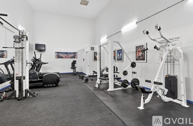 A gym with a variety of equipment including a treadmill, weight bench, and a rowing machine.