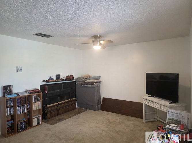 A living room with a fireplace, television, and bookshelf.