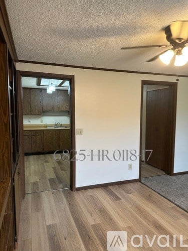 A room with a ceiling fan and a door leading to another room.