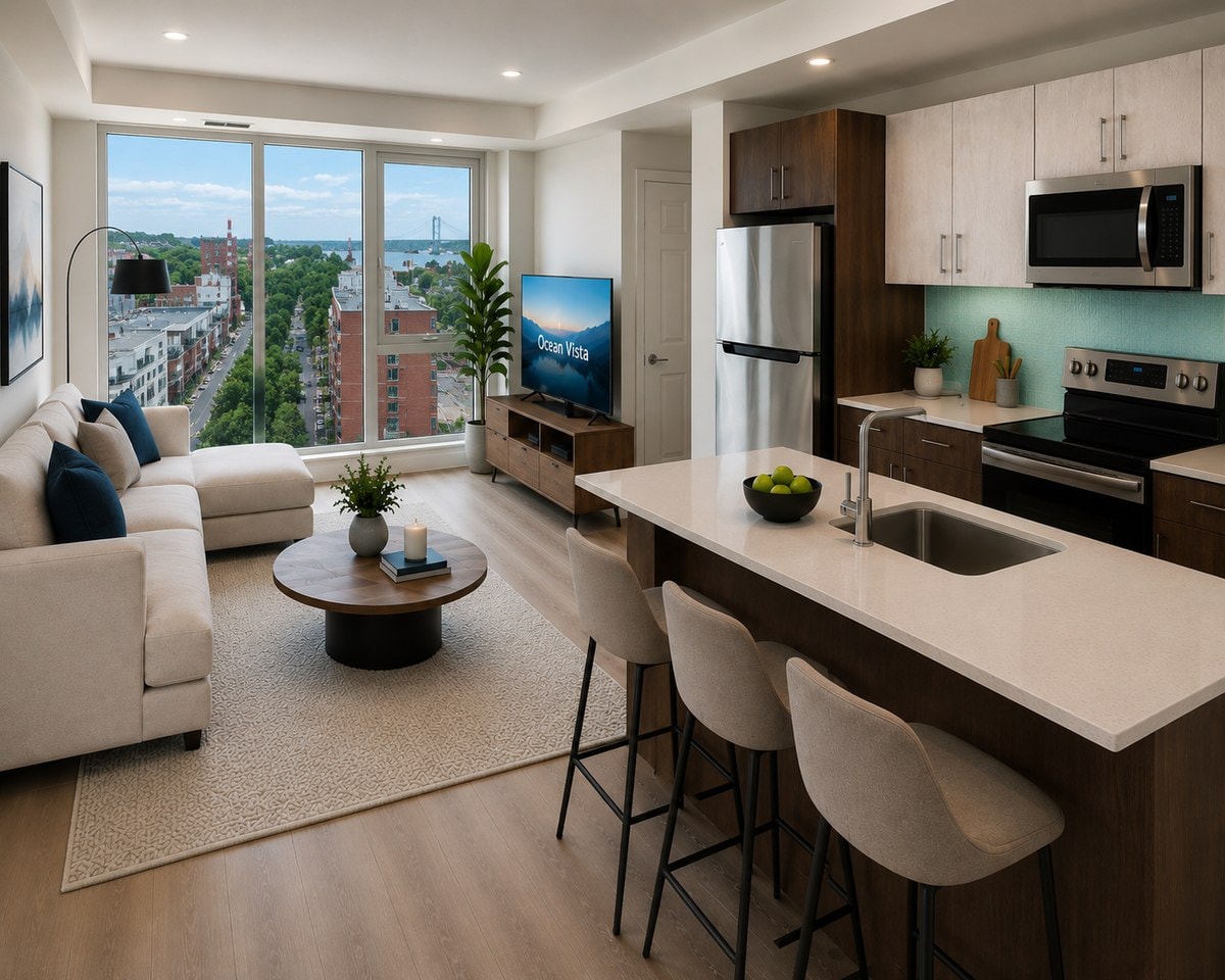 A modern kitchen with a bar stool and a TV.