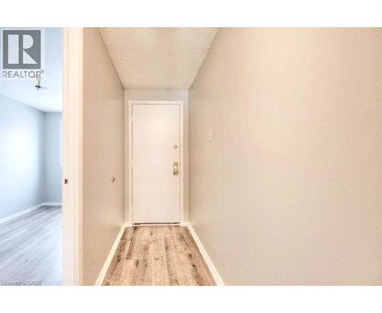 A hallway with a white door and wooden floor.