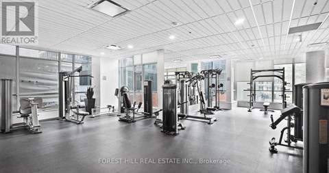 A gym with a variety of equipment including treadmills, weights, and exercise machines.