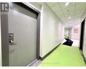 A hallway with a green carpet and a door on the left.