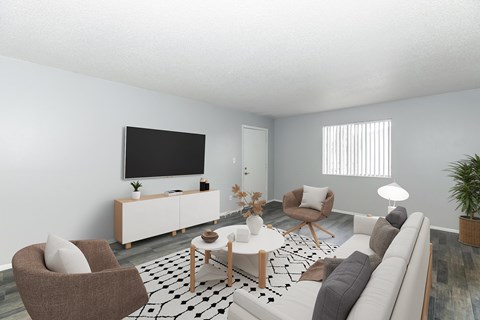 A living room with a brown chair, a white couch, and a black and white rug.