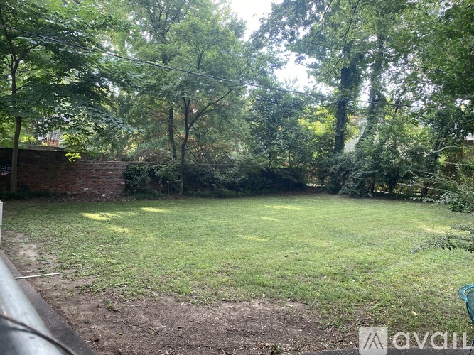 A backyard with a green lawn and trees.