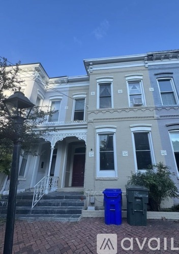 A row of houses with a blue bin in front of the first one.