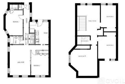 A floor plan of a house with two bedrooms and a living room.