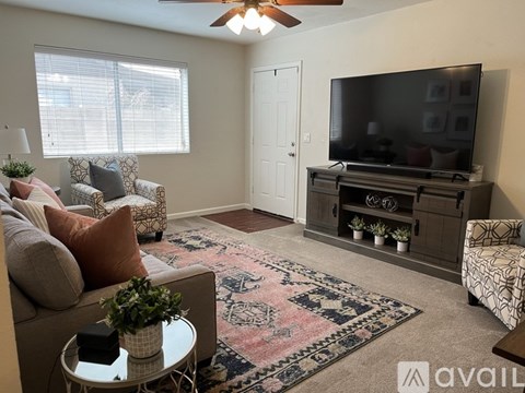 A living room with a grey couch, a patterned rug, and a television on a wooden stand.