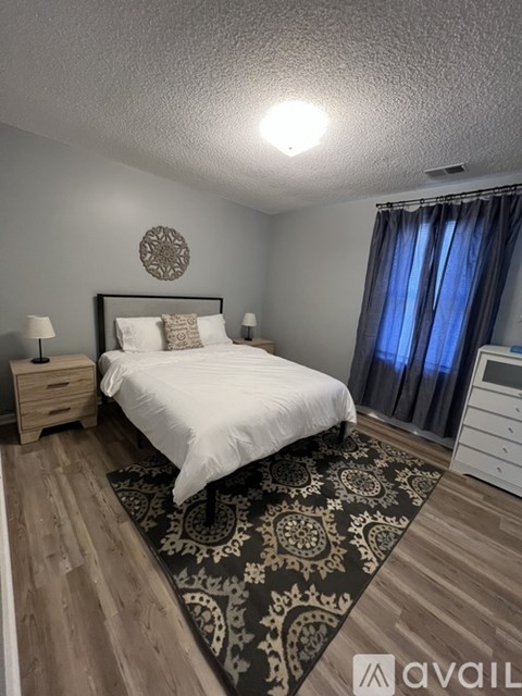A bedroom with a large bed and a patterned rug.