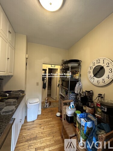 A kitchen with a clock on the wall and a dog on the floor.
