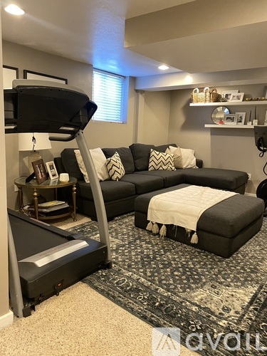 A treadmill is in a living room with a grey couch and a rug.
