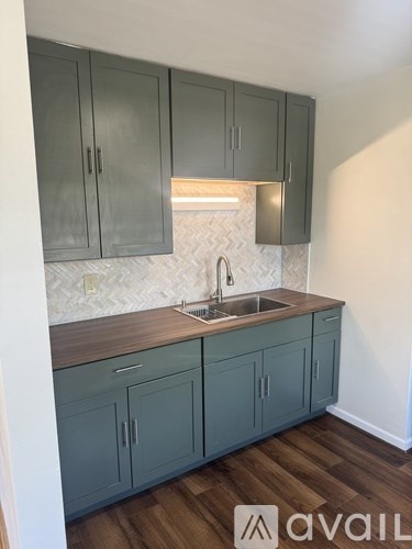 A kitchen with a sink and cabinets.