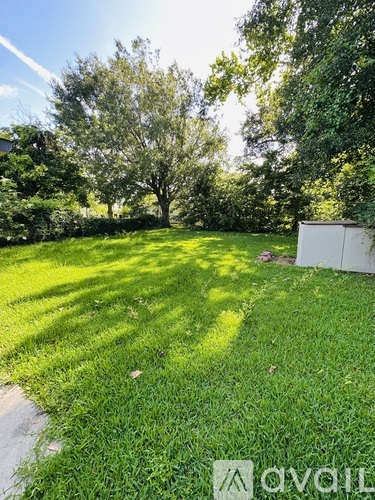 A backyard with a white fence and trees.