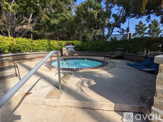 A small pool surrounded by a concrete patio and trees.
