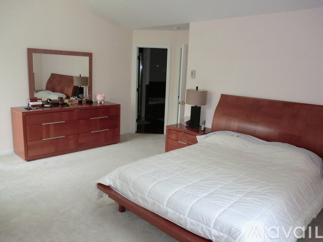 A bedroom with a bed, dresser, and mirror.