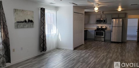 A living room with a painting on the wall and a kitchen area with stainless steel appliances.