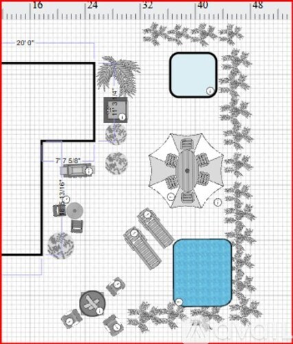 A graph paper with a scale of 1 inch equals 20 feet and a layout of a backyard with a swimming pool and a deck.
