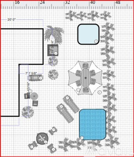 A graph paper with a scale of 1 inch equals 20 feet and a layout of a backyard with a swimming pool and a deck.