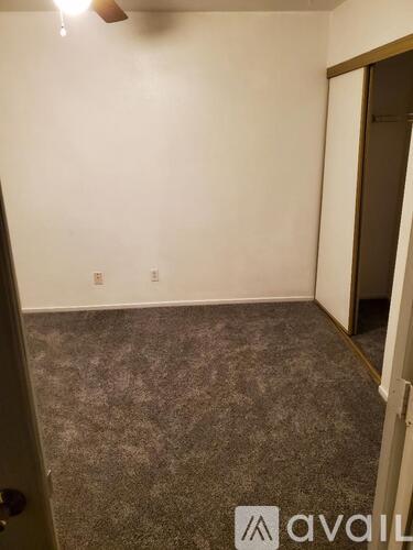 A room with a carpeted floor and a ceiling fan.